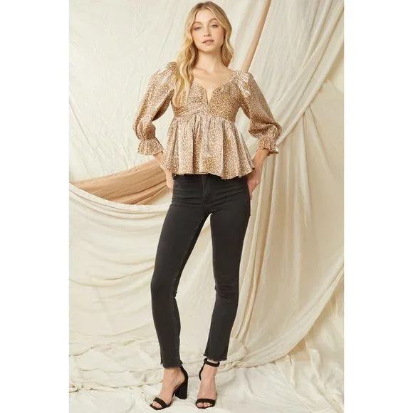 Entro Leopard Iridescent Babydoll Top, Camel - Picture 2 of 6